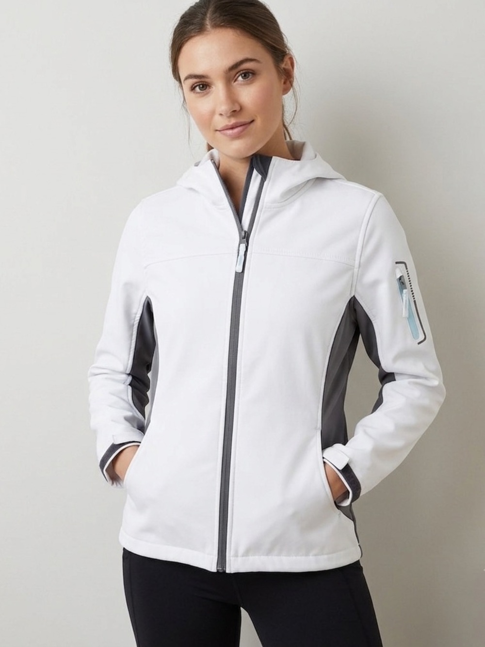 Women's White Hooded Utility Softshell Jacket with Gray Accents, Free Tech, 4/6